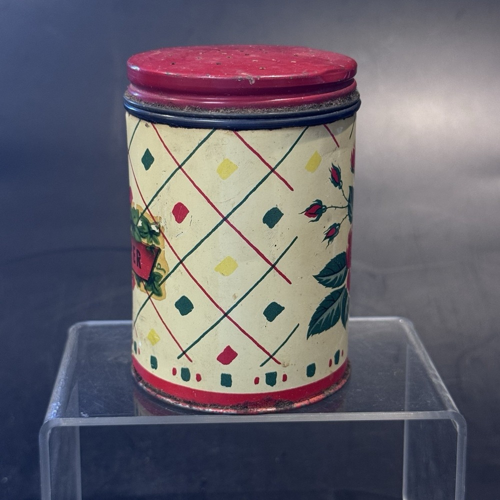 Vintage 40s Tin Pepper Shaker Single Red Rose Lithograph Red Lid Slight Rust - Picture 2 of 9